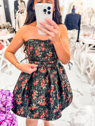 Strapless Poinsettia Print Black Mini Dress