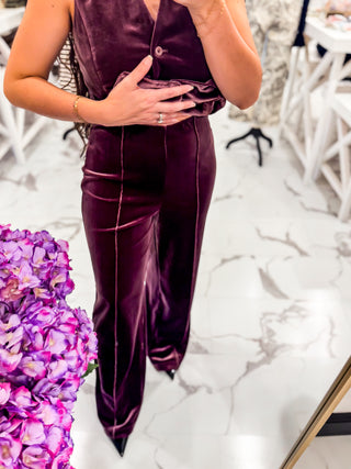 Deep Plum Velvet Pipping Stretchy Pants