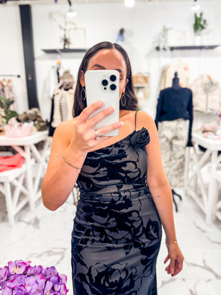 Floral Velvet Jacquard One Shoulder Black Dress