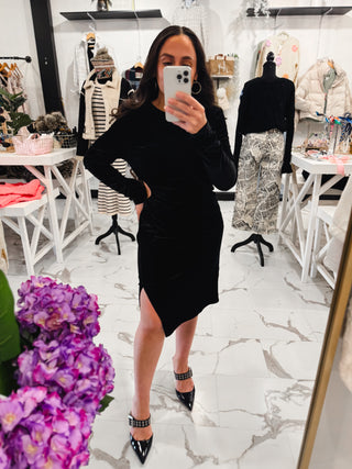 Side Cutout Slit Velvet Black Dress