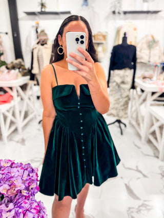 Terra Tone Velvet Mini Dress Hunter Green