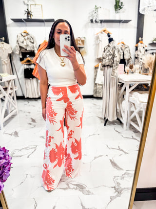 Coral Floral Print White Wide Leg Pants