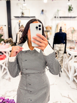 Gingham Print Collar Front Buttons Dress in Black White