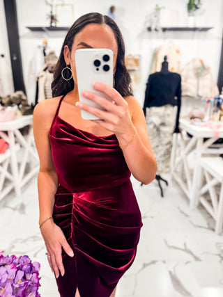 Velvet Red Ruching Side Slit Mini Dress