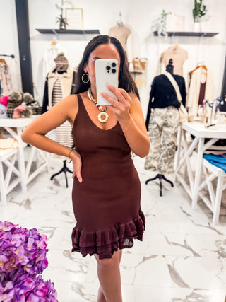 Burnt Sienna Knit Mini Dress (Brown)