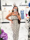 Mel Crochet Cutout Midi Dress (Natural/Black)