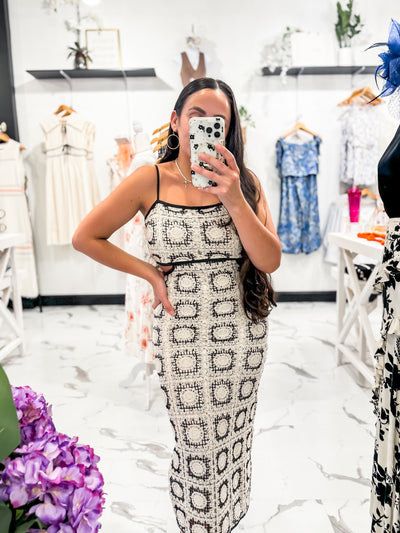 Mel Crochet Cutout Midi Dress (Natural/Black)