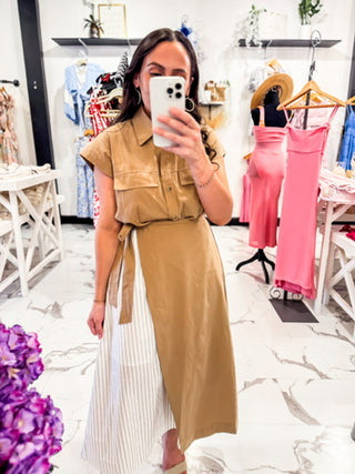 Button Down Wrap Stripe Midi Dress