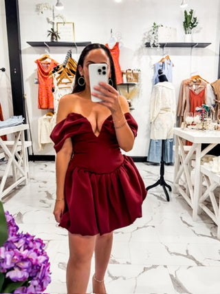 Drop Waist Bubble Hemline Mini Dress in Cherry 