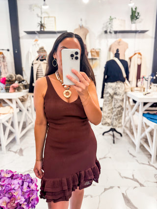 Burnt Sienna Knit Mini Dress (Brown)