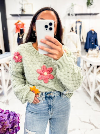 Estella Embroidery Flower Sweater (Sage)
