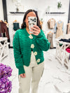 Bella V Boutique Flower Button Crochet Green Cardigan Sweater