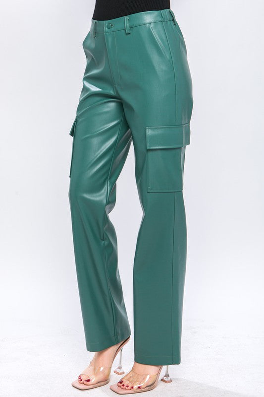 Carol Vegan Leather Cargo Pants (Green Stone)