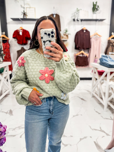 Estella Embroidery Flower Sweater (Sage)