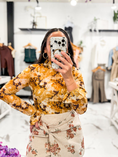 Yellow Mustard Long Sleeve Floral Mesh Top