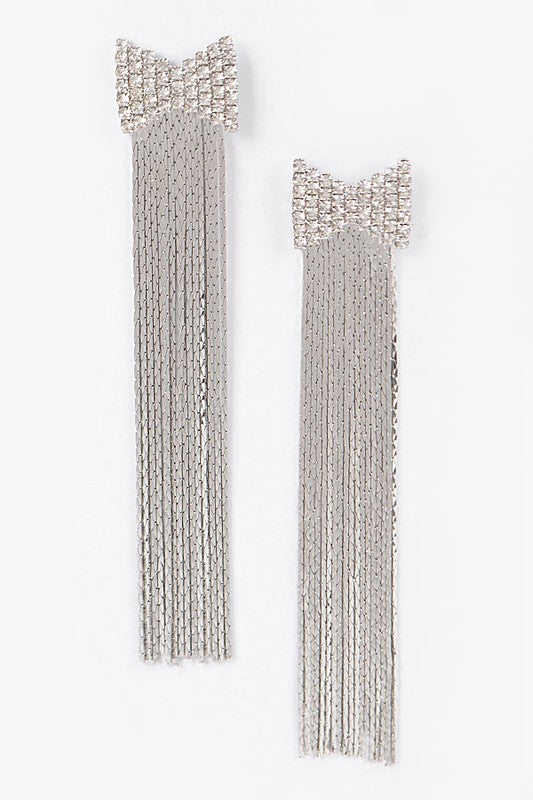 Twinkle Rhinestone Bow String Earrings (Silver) - Bella V