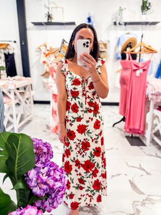 Red Flowers Print Cream Midi Dress