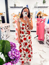 Red Flowers Print Cream Midi Dress