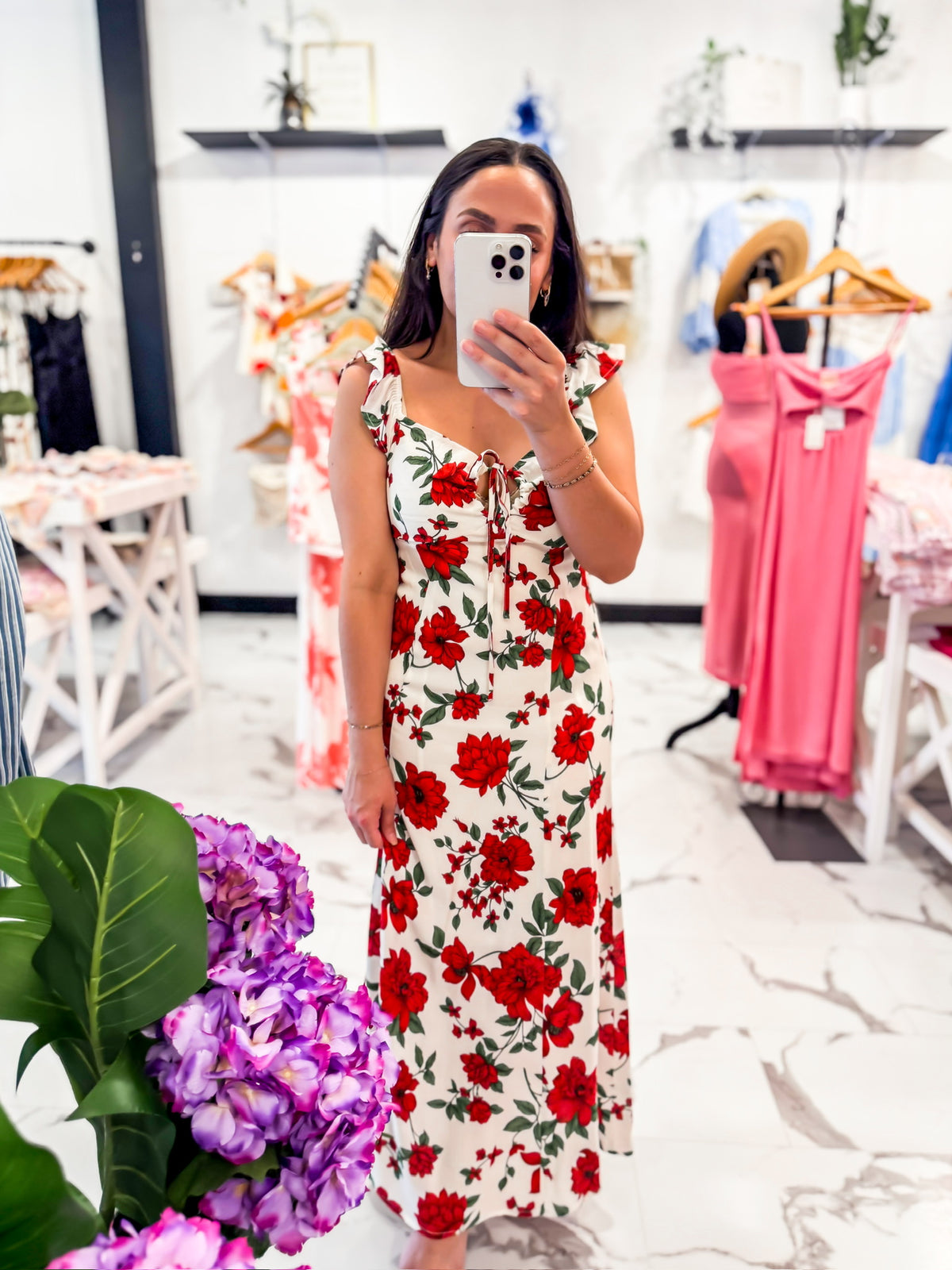 Red Flowers Print Cream Midi Dress
