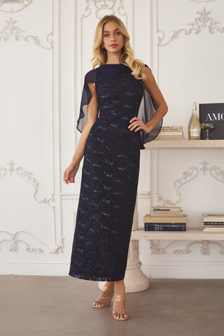 Selene Lace Cape Dress (Navy)