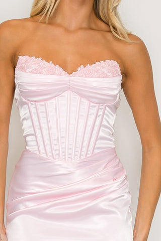 Cupids Bow Satin Corset Mini Dress (Pink)