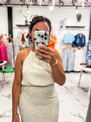 Bella V Boutique Floral Print Smocked Short Dress In Yellow