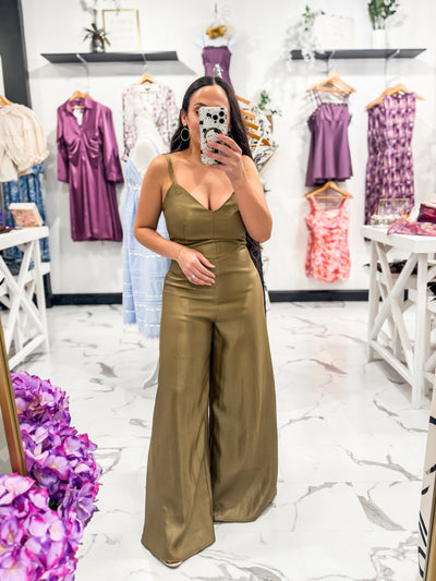 Guest Of Honor Sheen Jumpsuit (Metallic Olive)