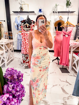 Yellow Floral Dress Pink Lace Details