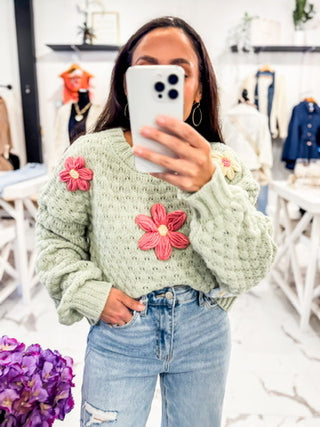 Estella Embroidery Flower Sweater (Sage)