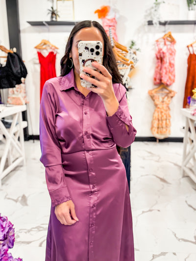 Sylvie Satin Button Down Dress (Plum)