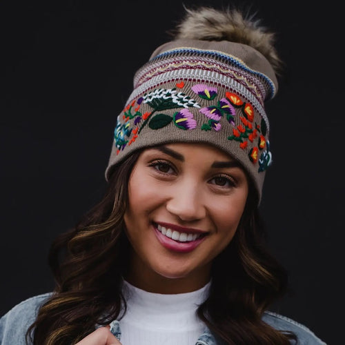 Appalachia Floral Pom Beanie (Tan)