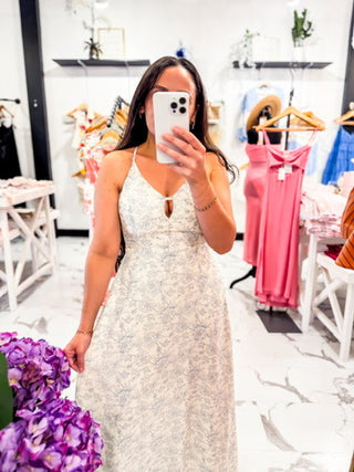 Midi Cream and Blue Floral Print Dress