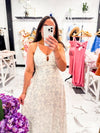 Midi Cream and Blue Floral Print Dress