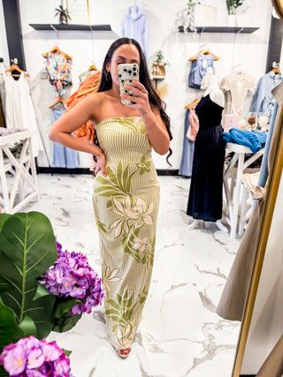 Palm and Floral Print Stripe Olive Green Dress with Back Cut Out 