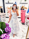 Blue Floral and Fruit Print White Dress