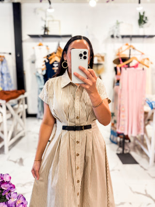 Trip of a Lifetime Striped Midi Dress Brown