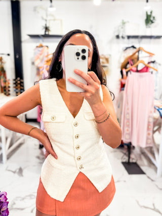 Cream Tweed Sleeveless Vest with Gold Buttons