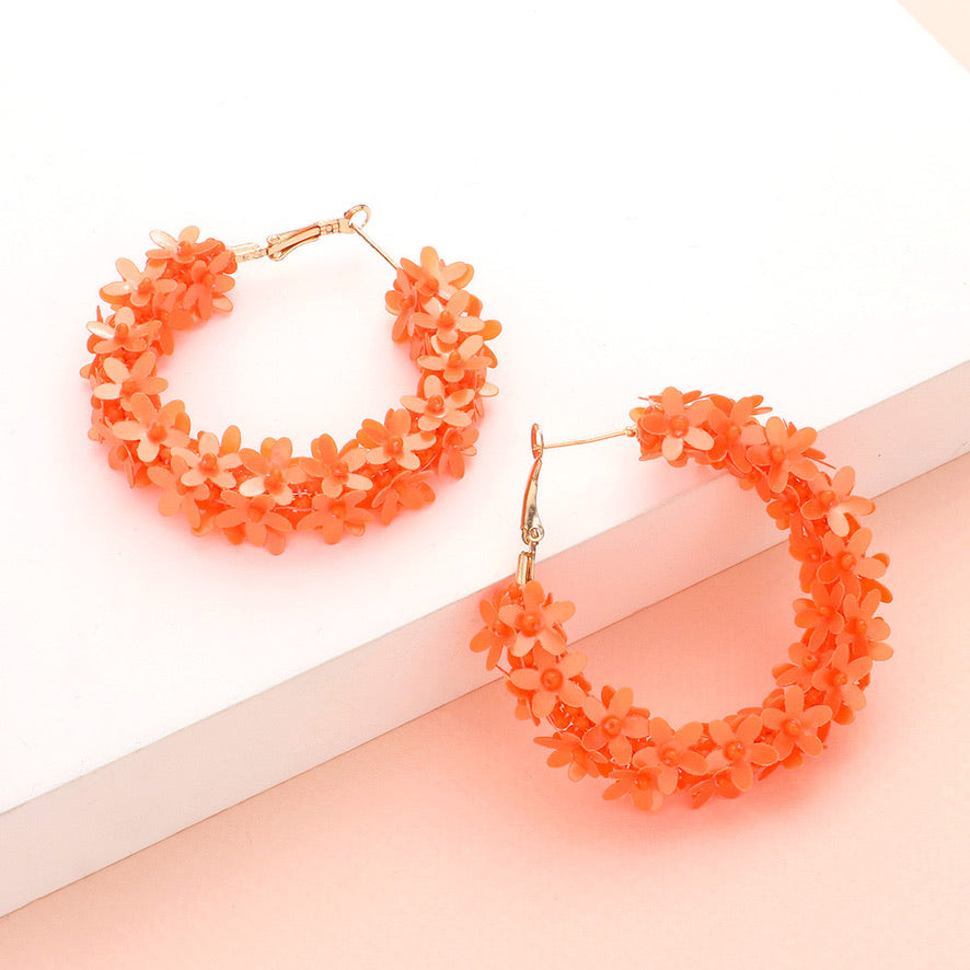 Blossom Floral Hoop Earrings (Orange)