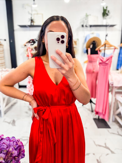 Satin Luxe Red Midi Belted Dress
