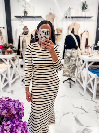 Stripe Knit Long Sleeve Midi Dress 