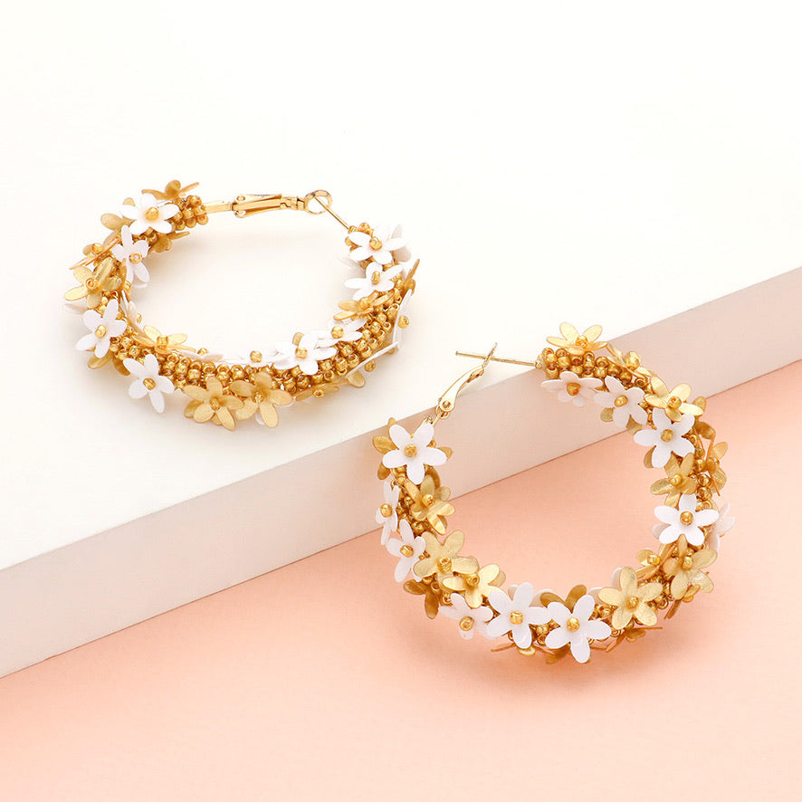 Blossom Floral Hoop Earrings (White/Gold