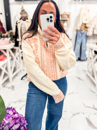 Printed Cream and Blush Zip Up Sweater Cardigan 