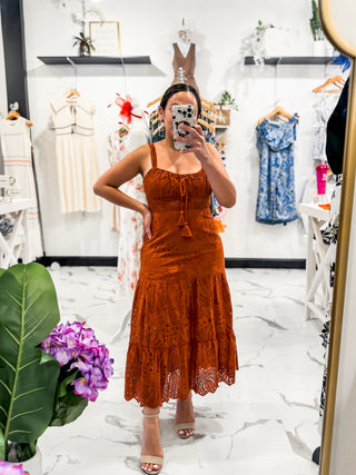 Rust Eyelet Drop Waist Midi Dress