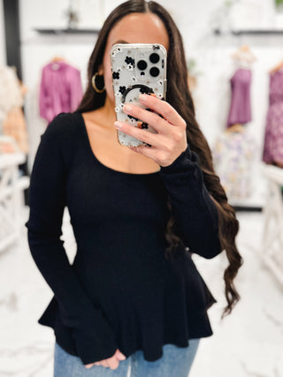 Bella V Boutique Round Neckline, Long Sleeves, Ribbed, Flare Sweater In Black 