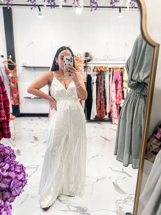 Bella V Boutique Bridal Pearl White Pleated Jumpsuit 