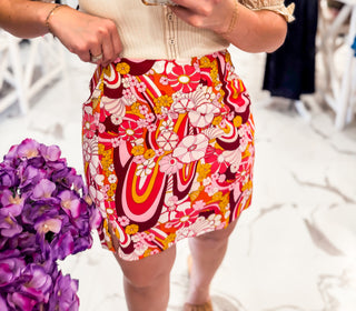 Swirl and floral print stretchy colorful skirt 