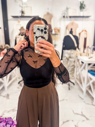 Mesh Mock Neckline Bow Long Sleeves Top