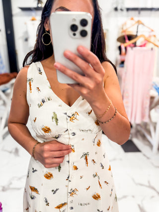 Linen Beach Print Cream Midi Dress