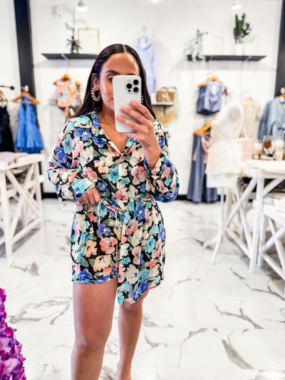 Living Life In Full Bloom Shirt Romper (Blue)