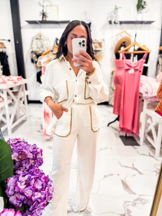 Tan Lines & Good Vibes Wide Leg Pants (White)